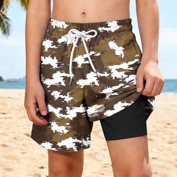 ATOGUTA Swim Shorts for Boys with Liner Bathing Suits Summer Quick Dry Swimwear Swim Trunks Size 5T-14, Brown