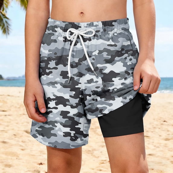 ATOGUTA Swim Shorts for Boys with Liner Bathing Suits Summer Quick Dry Swimwear Swim Trunks Size 5T-14, Gray