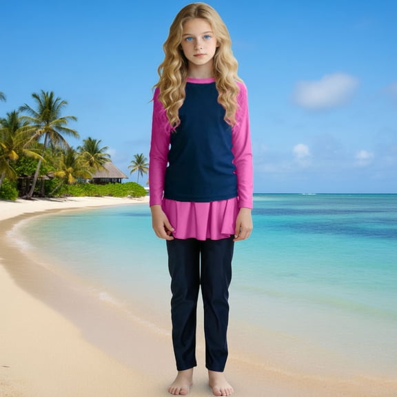 ATOGUTA Swim Suit Girls 3-Piece Long Sleeve Swimwear Rash Guard Sets Size 0-13, Navy