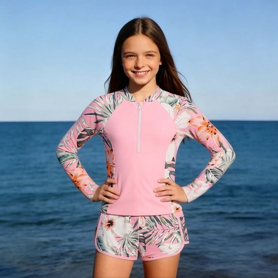 ATOGUTA Swim Suits for Teens Girls Long Sleeve Rash Guard Set Tankini Bathing Suits Summer Kids Swimwear Size 7-14, Pink
