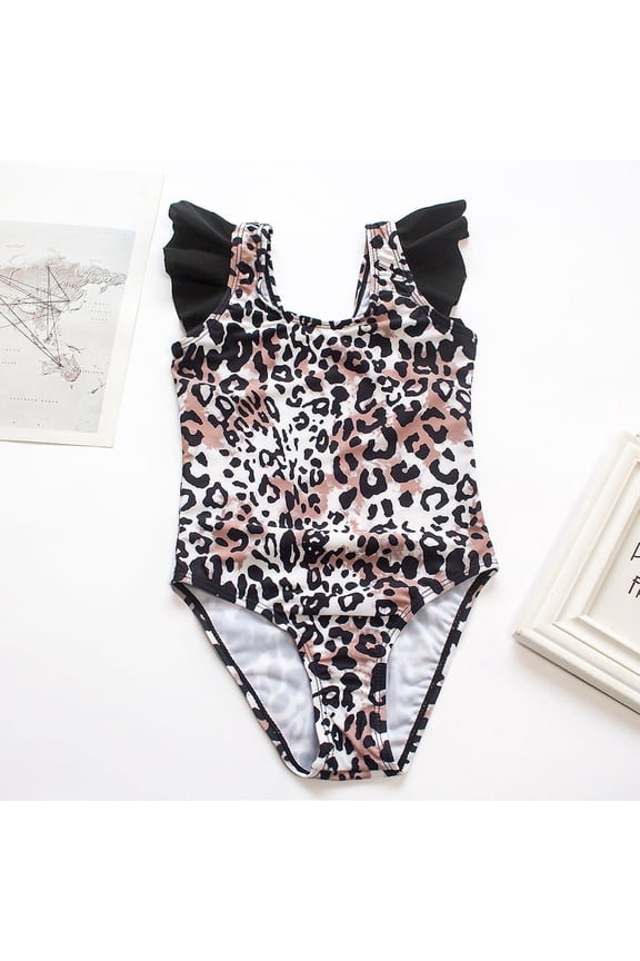 Swimsuit Girl Cute Leopard Print Bikini Ruffles One-piece Swimsuit Brown, Sizes 3T-8