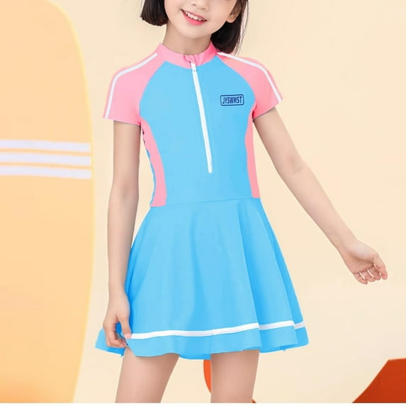 ATOGUTA Swimsuit Girls Dress Short Sleeve Rash Guard Bathing Suits Cute Skirt Swimwear Size 7-14, Blue