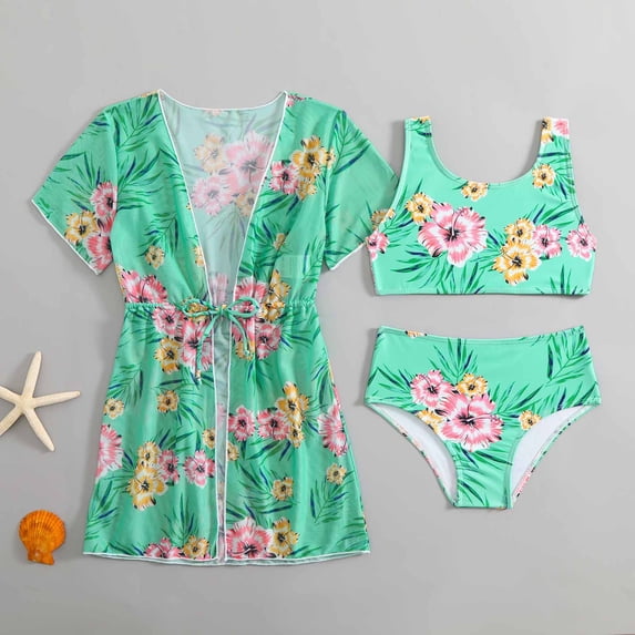 ATOGUTA Swimsuit Sets Girls 3 Piece Bikini Set Tankini Bathing Suit with Drawstring Quick Dry Cover Up Size 6-12, Green