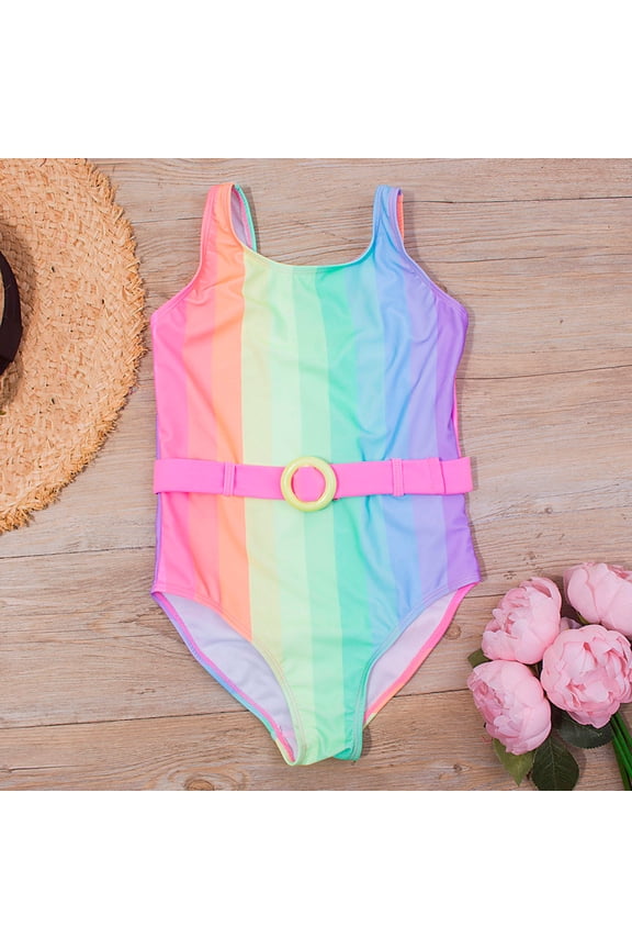 Swimsuit for Girl Cute Stripe Print Bikini Belt Decoration One-piece Swimsuit Multicolor, Sizes 7-14