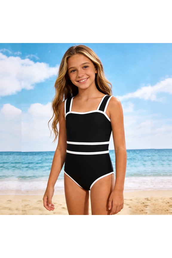 Swimsuit for Girls One-Piece Bathing Suits Kids Sport Summer Beach Swimwear Size 7-14, Black
