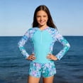 thumbnail image 1 of ATOGUTA Swimsuits For Teen Girls Long Sleeve Rash Guard Swimsuit Two Piece Color Block Bathing Suit Zip Girls' Swimwear Size 7-14, Light Blue, 1 of 6