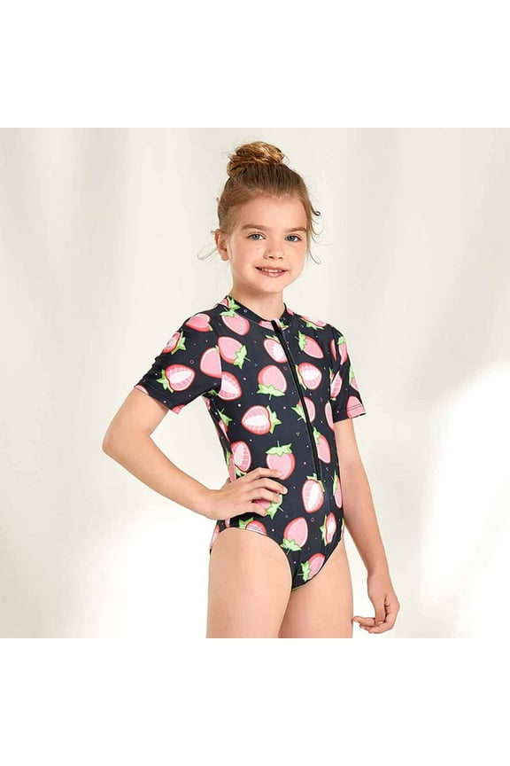 Swimsuits Kids Flower Print Short Sleeve Surfing One-piece Swimsuit Bathing Suit Swimming Suit Black, Sizes 8-14