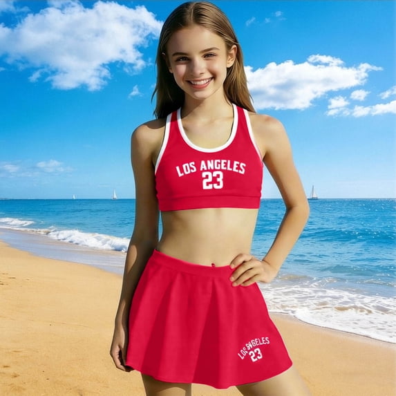 ATOGUTA Swimsuits for Girl 3 Piece Bathing Suits Summer Bikini Tankini Sets with Cover Up Skirt Size 7-13, Red