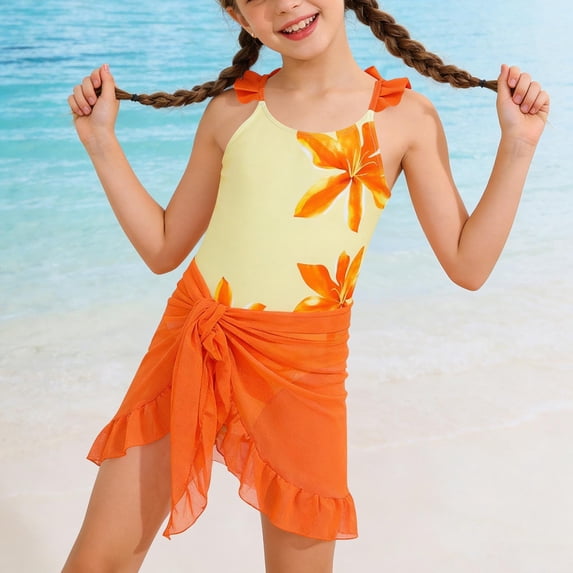 ATOGUTA Swimsuits for Teen Girls Kids Swimwear for Girls Bathing Suits with Cover Up Skirt Size 5T-12, Orange