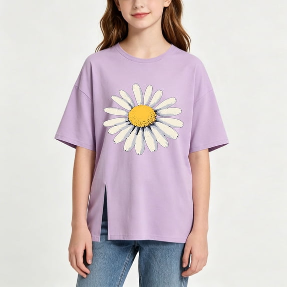 ATOGUTA T Shirts For Girls Graphic Tees Short Sleeve Tshirts Crewneck Cute Summer Casual Basic Tops for Kids Teen Size 3T-14, Purple