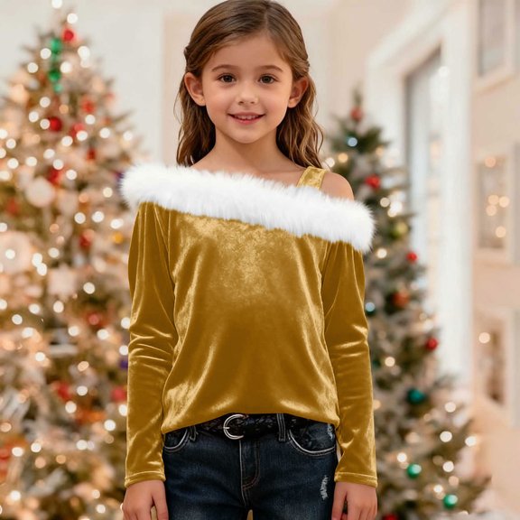 ATOGUTA T-Shirts for Girls Long Sleeve Tees Velvet Off-Shoulder Tops for Girls Daily Wear Size 4T-14, Gold
