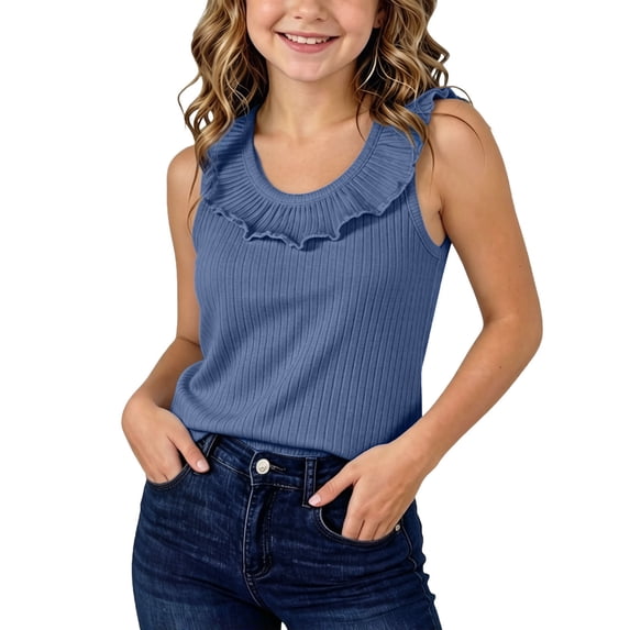 ATOGUTA Tank Top for Girls Sleeveless Clothes School Crewneck Tshirt Cute Trendy Athletic Tee for School Sports Beach Casual Size 1T-10, Blue