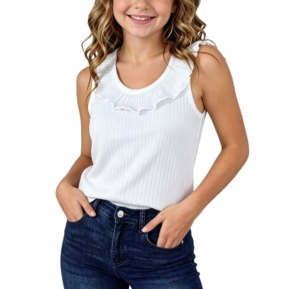 ATOGUTA Tank Top for Girls Sleeveless Clothes School Crewneck Tshirt Cute Trendy Athletic Tee for School Sports Beach Casual Size 1T-10, White
