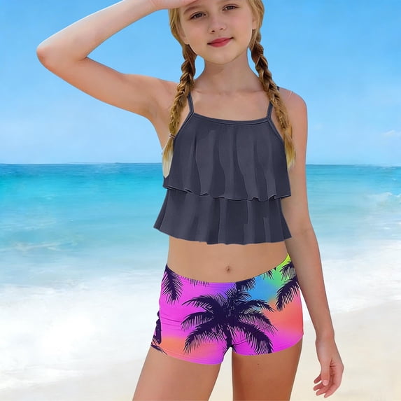 ATOGUTA Tankini Swimsuit for Girls Summer Ruffle Swimwear Two Piece Boyshort Tankini Kids Swimsuit Size 6-15, Multicolor