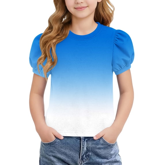 ATOGUTA Tee Shirts Girls Graphic Tees Short Sleeve Tshirts Crewneck Cute Summer Casual Basic Tops for Kids Teen Size 4T-15, Light Blue