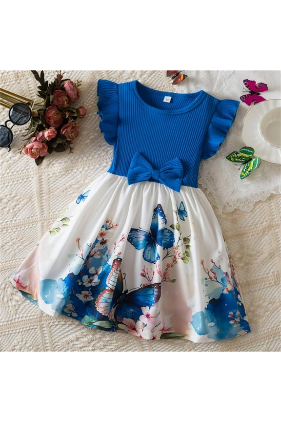 Teen Girl Dress Ruffle Sleeves Casual Clothes Cute Playwear Dresses Blue, Size 3T-8