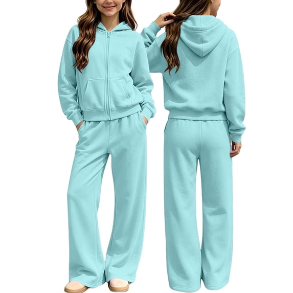 ATOGUTA Teen Girls Clothes Size 5T-14 2 Piece Long Sleeve Hoodie Sweatshirt and Wide Leg Pants Fall Clothing Set Light Blue