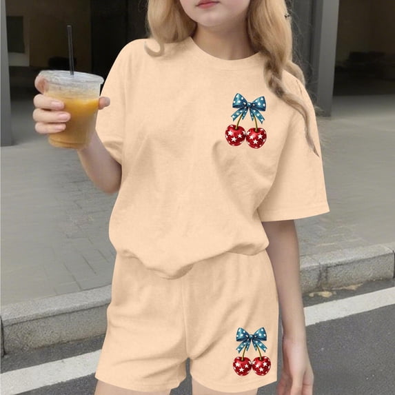 ATOGUTA Teen Outfits For Girls Kids Short Sleeve T-Shirts Elastic Waist Shorts Casual Summer 4th of July Clothing Sets Size 3T-15, Beige