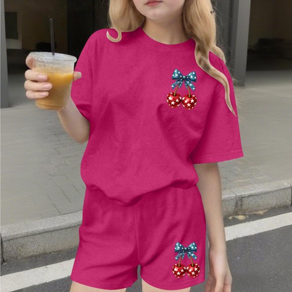 ATOGUTA Teen Outfits For Girls Kids Short Sleeve T-Shirts Elastic Waist Shorts Casual Summer 4th of July Clothing Sets Size 3T-15, Hot Pink