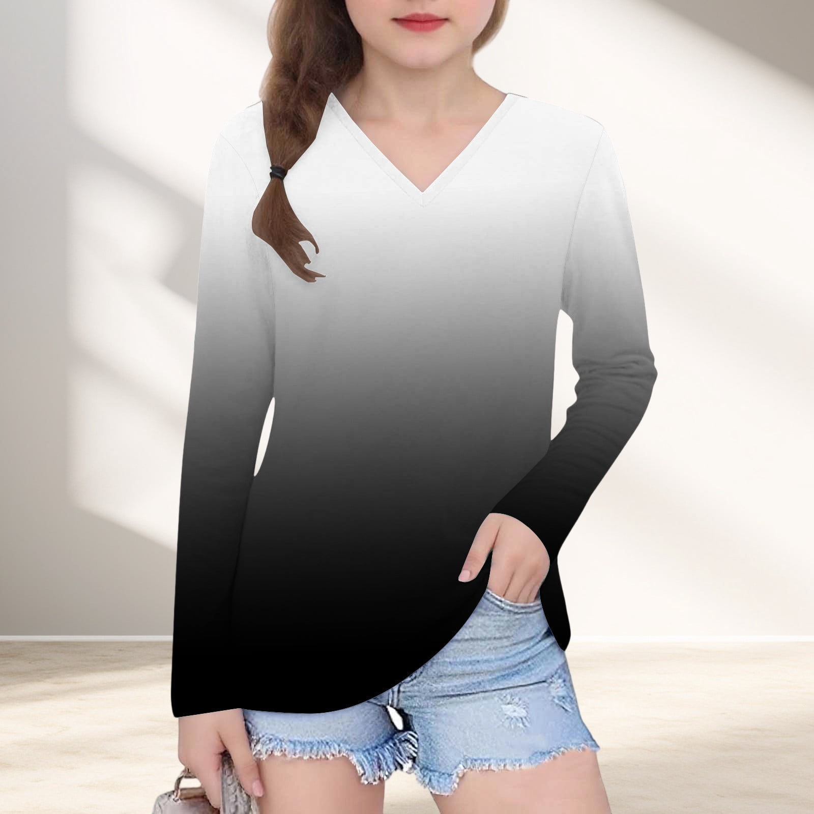 ATOGUTA Teen Shirts for Girls Long Sleeve Shirts Kids V Neck Soft 