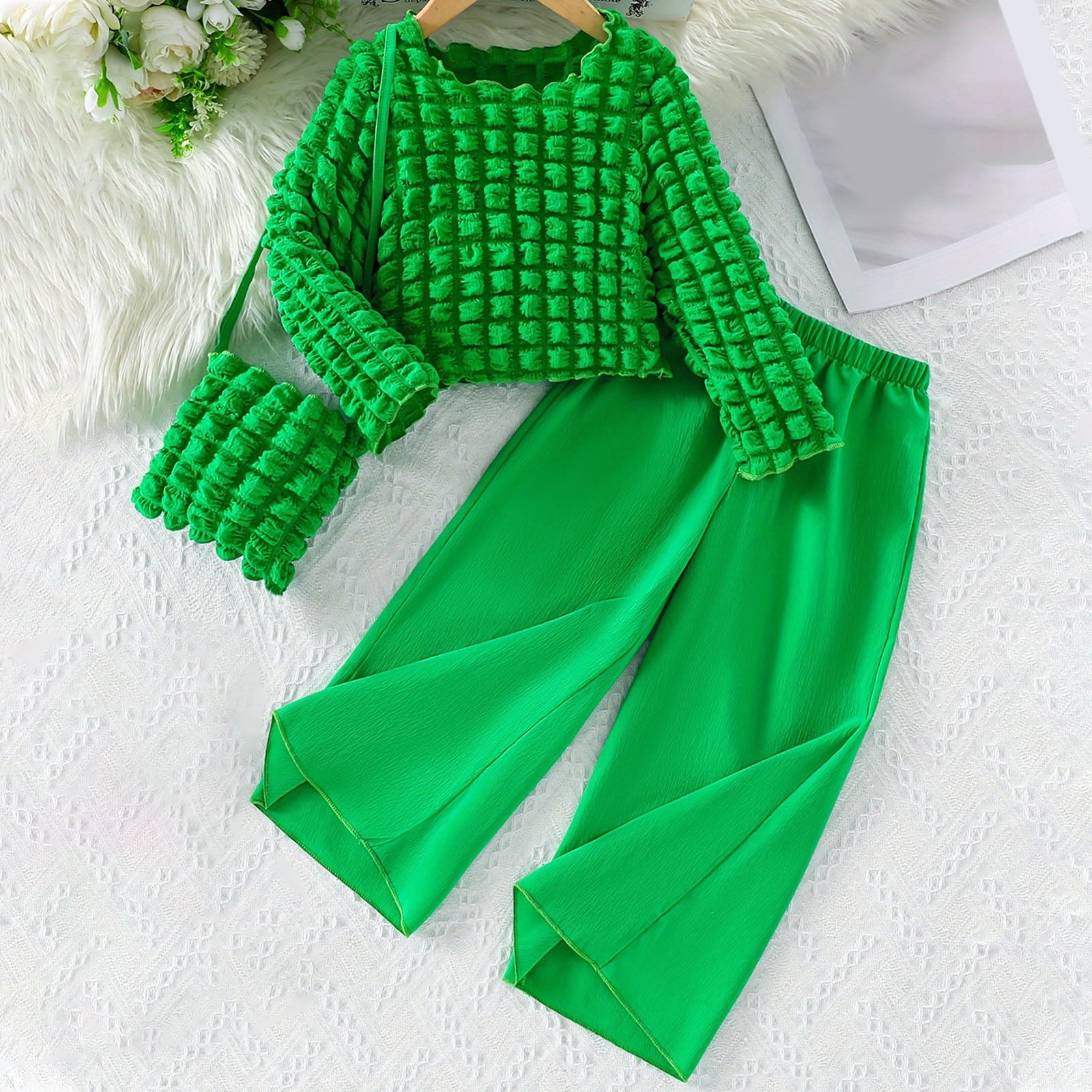 ATOGUTA Toddler Baby Girl Spring Clothes Size 3T-10 Long Sleeve Shirts with Wide Leg Pants 3 Piece Outfits Green