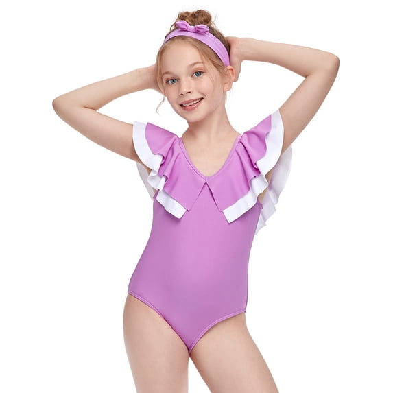 ATOGUTA Toddler Bathing Suit Girl Ruffles One-Piece Swimsuit Bathing Beach Swimwear Purple, Sizes 2T-12