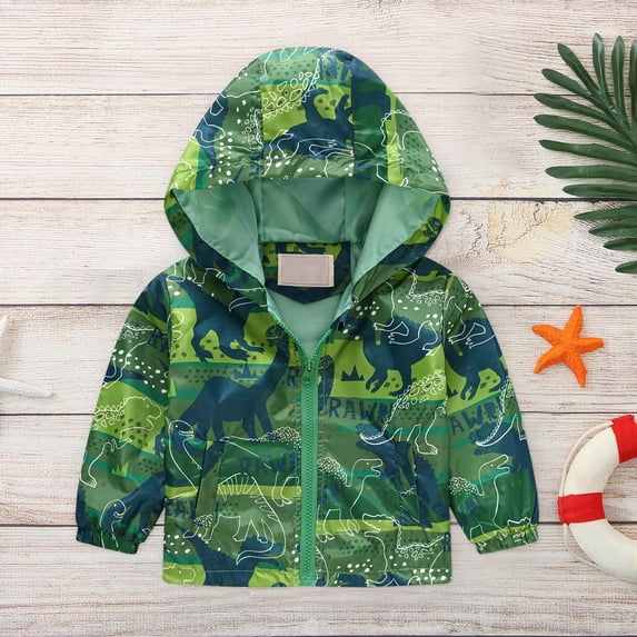 ATOGUTA Toddler Boy Coat Fashion Cute Dinosaur Rabbit Printed Windproof Jacket Hooded Coat Green, Size 2T-8