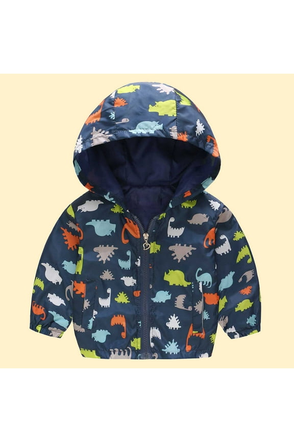Toddler Boy Jacket Cute Print Zip Jacket Hooded Trench Lightweight Kids Coats Windbreaker Casual Outerwear Dark Blue, Size 2T-7