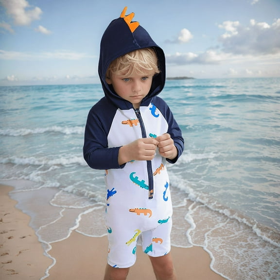 ATOGUTA Toddler Boy Rashguard Sunsuit Hooded Swimsuit with Swim Cap Printed Jumpsuit Boys Beach Summer Clothes Blue, Size 1T-7