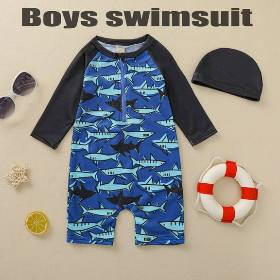 ATOGUTA Toddler Boy Rashguard Sunsuit Swimsuit with Swim Cap Printed Jumpsuit Boys Beach Summer Clothes Blue, Size 1T-6