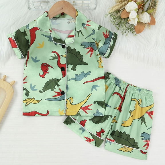 ATOGUTA Toddler Boys' Girls' Pajama Sets 1T-8 Cute Graphic Button Down Short Sleeve Shirts And Shorts Outfits Stain Homewear Green