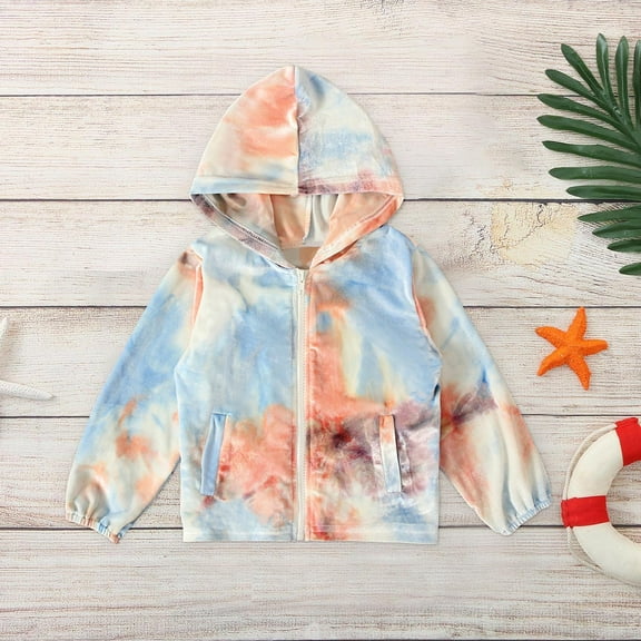 ATOGUTA Toddler Coats for Girls Cute Long Sleeve Gradient Tie Dye Jacket with Hoodie Light Blue, Size 2T-7