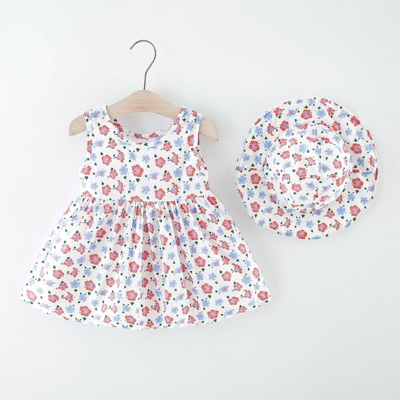 ATOGUTA Toddler Dresses Sleeveless Floral Princess Dress Hat Outfits Sky Blue, Sizes 1T-5T