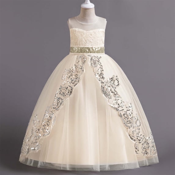 ATOGUTA Toddler Dresses Sleeveless Sequins Waisted Mesh Wedding Princess Dresses Beige, Sizes 3T-9