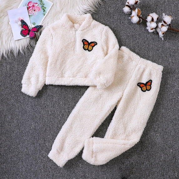 ATOGUTA Toddler Fall Winter Outfits for Girls Fuzzy Drop Shoulder Sweatshirt with Sweatpants Two Piece Sports and Casual Outfit, Sizes 3T-7