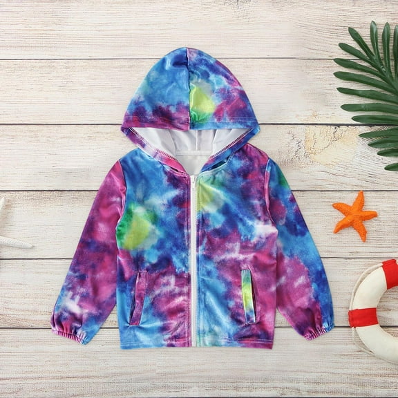 ATOGUTA Toddler Girl Coat Cute Long Sleeve Gradient Tie Dye Jacket with Hoodie Purple, Size 2T-7