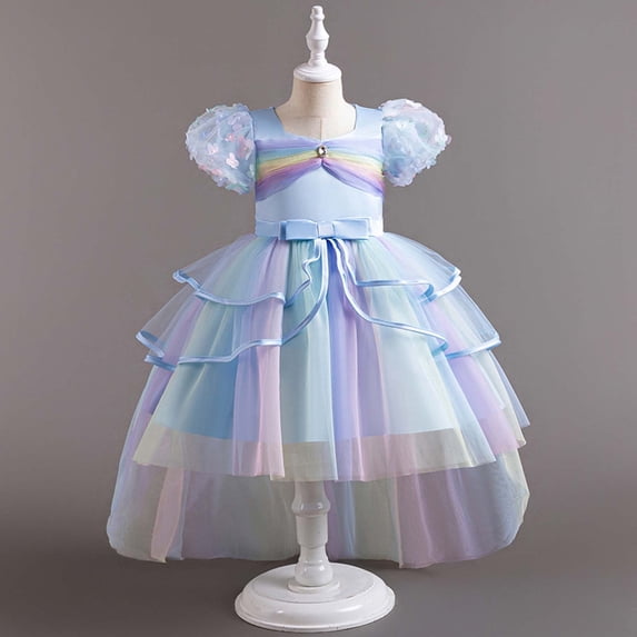 ATOGUTA Toddler Girl Dress Short Sleeve Bowknot Gown Tulle Dress for Girls Blue, Size 3T-12