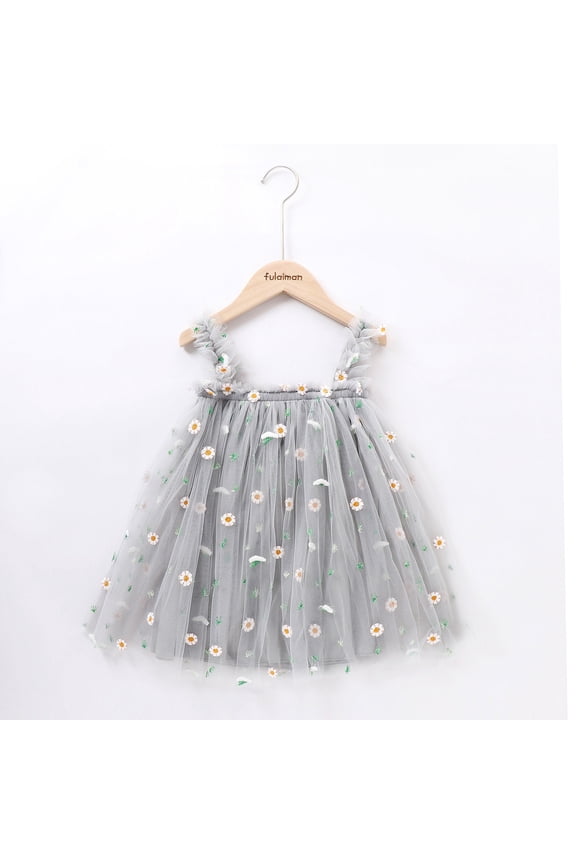 Toddler Girl Dress Sleeveless Sunflower Strap Tulle Princess Dress Gray, Sizes 12M-5T