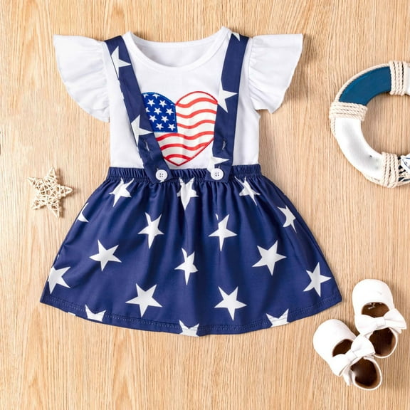 ATOGUTA Toddler Girls 4th of July Dress Outfits Ruffle Sleeve T-Shirt Suspenders Dress Set 4th of July Clothes White, Size 18M-6