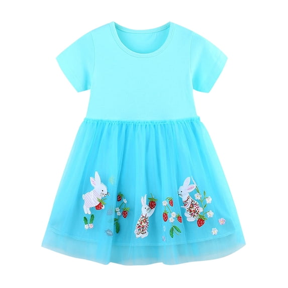 ATOGUTA Toddler Girls Dress Summer Sundress Kids Short Sleeve School Casual A Line Twirly Skater Dresses Light Blue, Size 2T-8