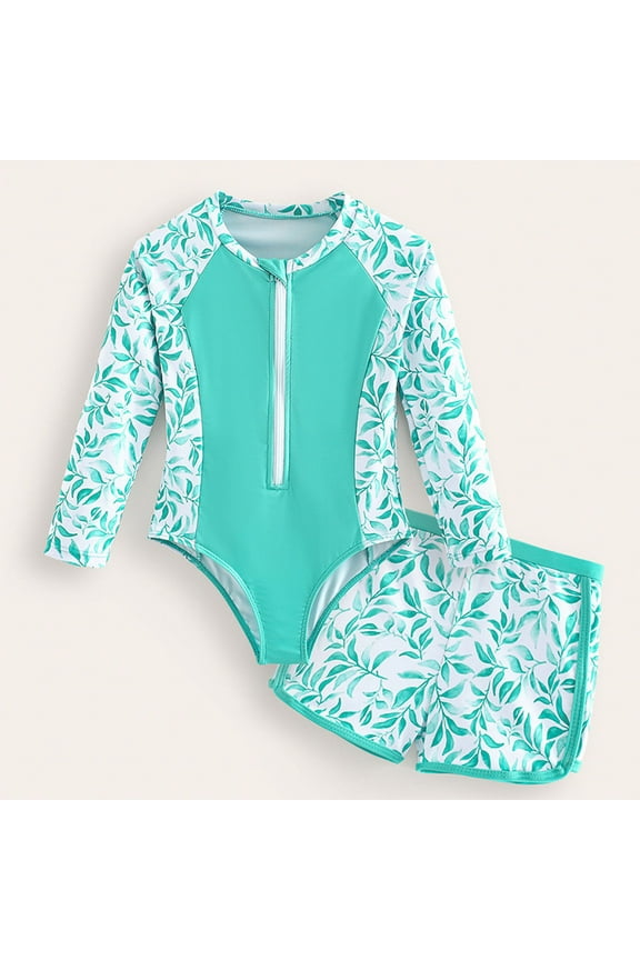 Toddler Girls Long Sleeve Rash Guard 2 Piece Swimsuit Set Sun Protection with Zipper Green, Size 3T-8