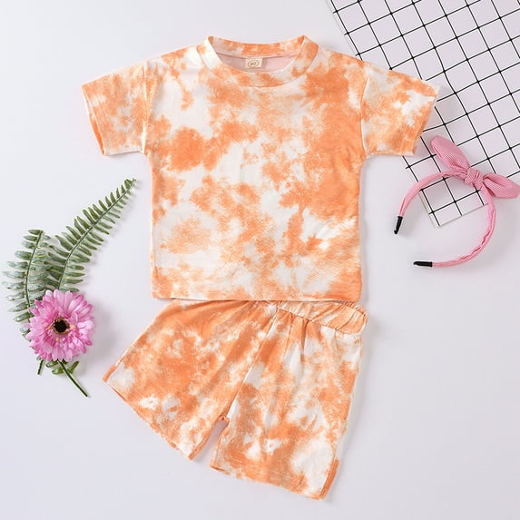 ATOGUTA Toddler Girls Outfits Tie-Dye T-Shirt Tops Shorts Casual Outfits Set Orange, Size 1T-5T