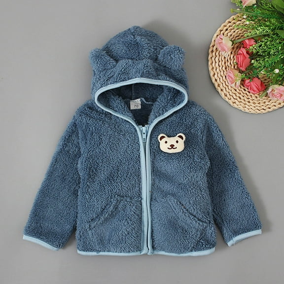 ATOGUTA Toddler Jackets Boys Fleece Hooded Jacket Coat Zipper Lightweight Long Sleeve Thick Warm Outerwear Blue, Size 6M-3T