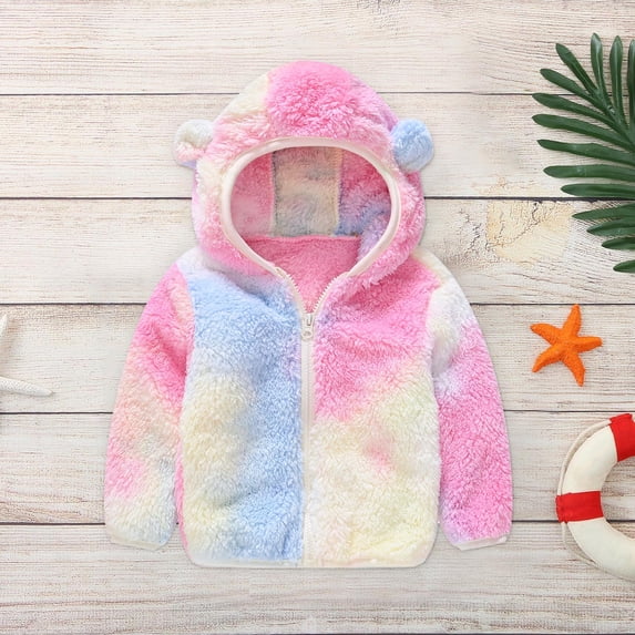 ATOGUTA Toddler Jackets Boys Leopard Print Gradient Plush Cute Bear Ears Winter Hoodie Thick Coat Jacket Pink, Size 6M-4T