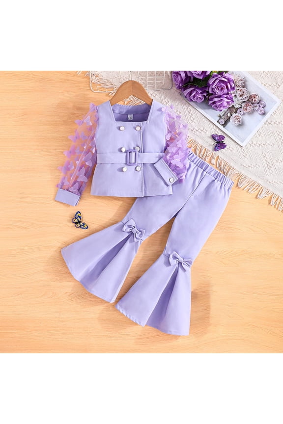 Toddler Photography Outfits Girl 3T-9 Fashion Casual Bow Mesh Sleeves Blazer Pants Suit Set Purple
