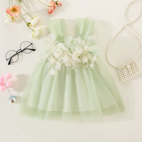ATOGUTA Toddler Princess Dress Mesh Flower Princess Strap Tulle Dress Green, Sizes 3M-24M