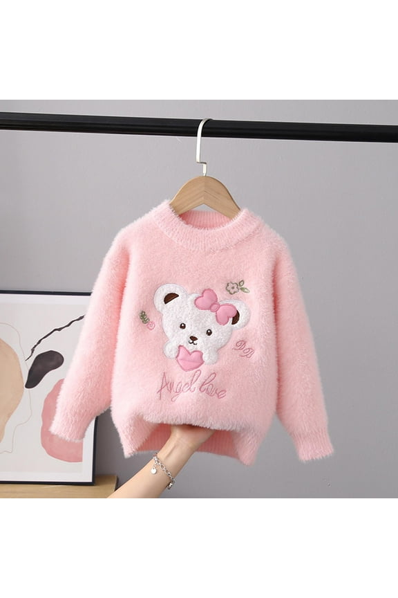 Toddler Sweaters Girls Crew Neck Ski Pullover Sweaters Long Sleeve Knitwear Jumper Tops Pink, Size 3T-7