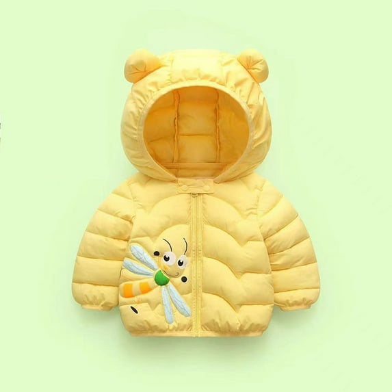 ATOGUTA Toddler Winter Coat Cute Dragonflies Pattern Windproof Down Clothes Jacket Hooded Coat Yellow, Size 12M-5T