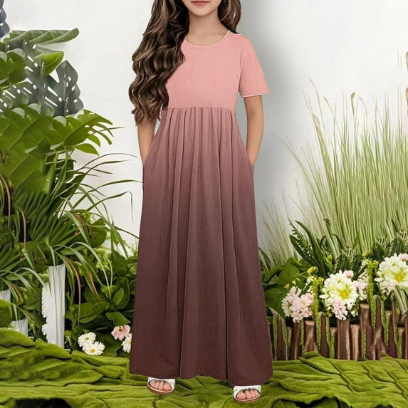 ATOGUTA Tulle Dress Girls A-line Dress with Pockets Sundress Casual Dress for Holiday Party Back to School Summer Size 4T-14, Brown