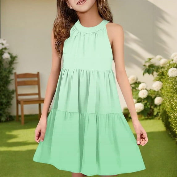 ATOGUTA Tulle Dress Girls Summer Kids Skater Twirl A Line Tank Dress for School Casual Holiday Party Size 4T-14, Green